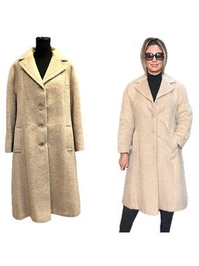 Vintage Sears Llama cream beige button front midi coat fall winter retro 70’s